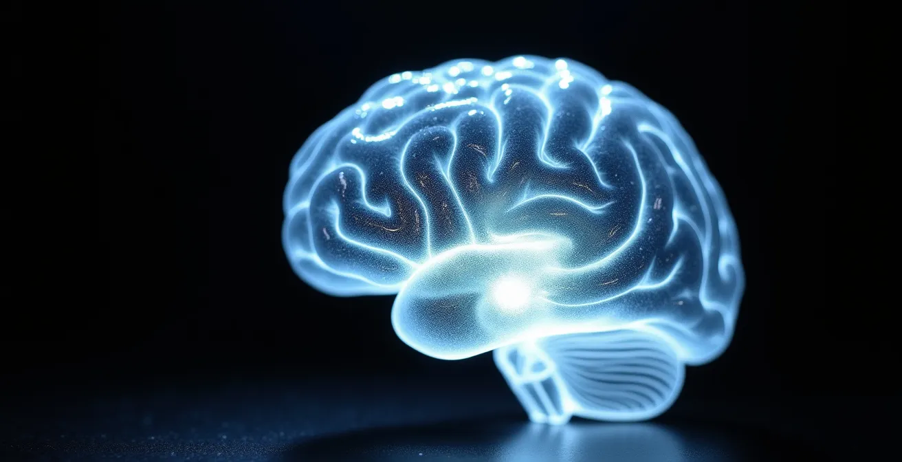 Représentation artistique du cerveau humain sous stress avec focus sur l'amygdale