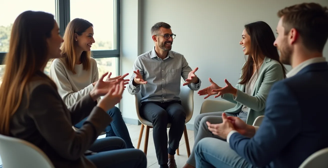 Groupe de professionnels en cercle lors d'un débriefing post-activité