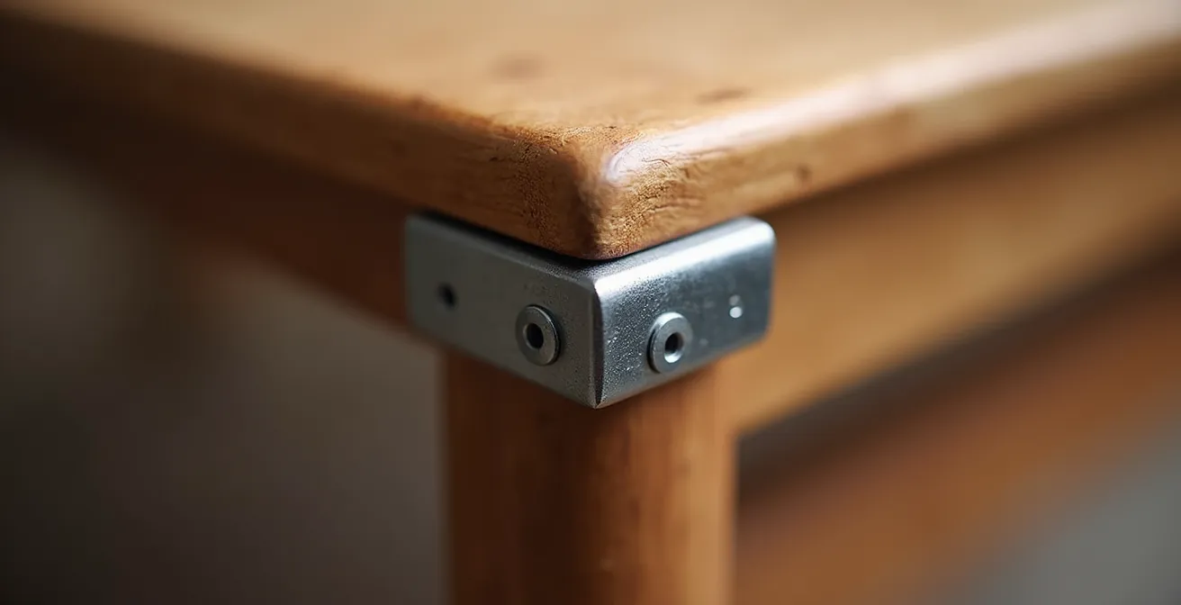 Gros plan sur des connecteurs métalliques modulaires permettant différentes configurations de mobilier