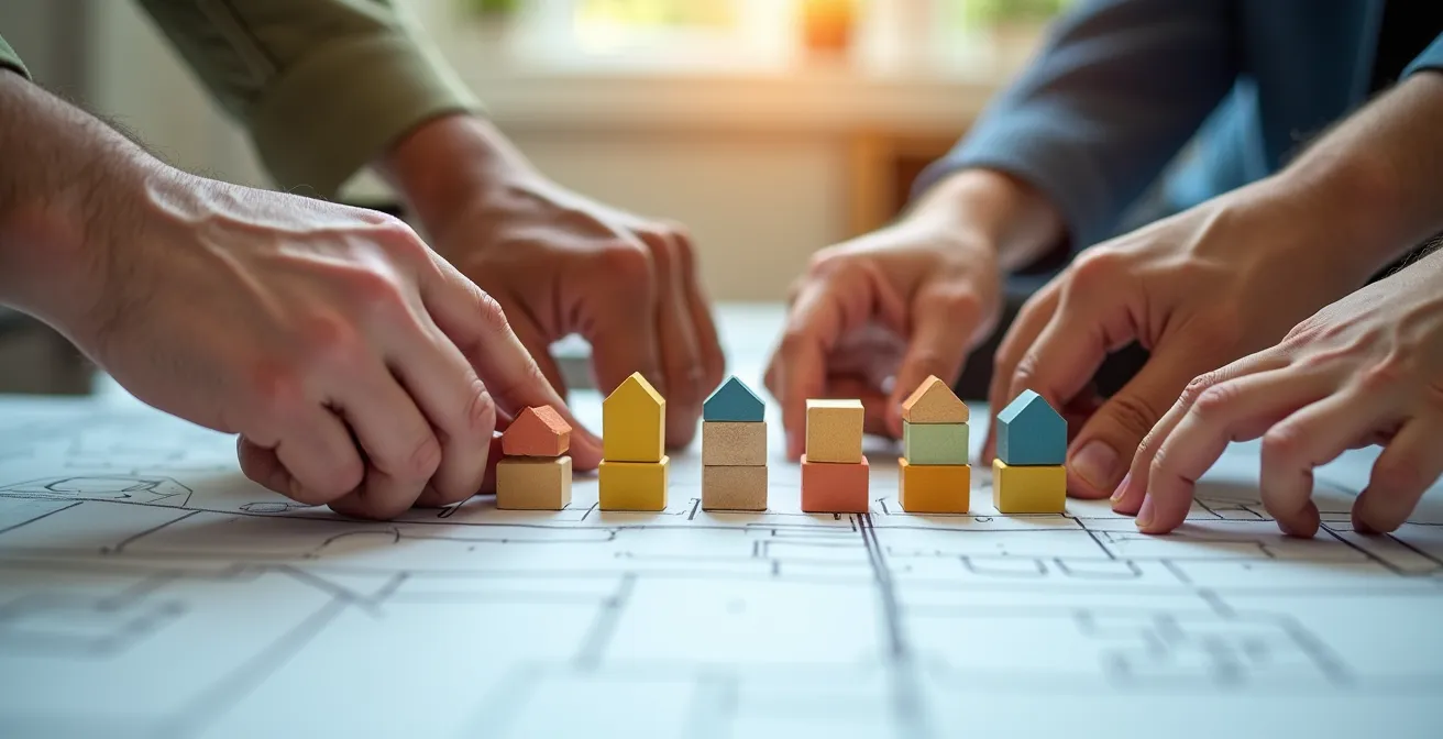 Mains de collaborateurs arrangeant une maquette 3D de salle de séminaire avec différents modules colorés