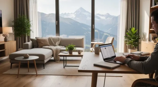 Intérieur lumineux d'un appartement meublé avec espace travail et vue alpine