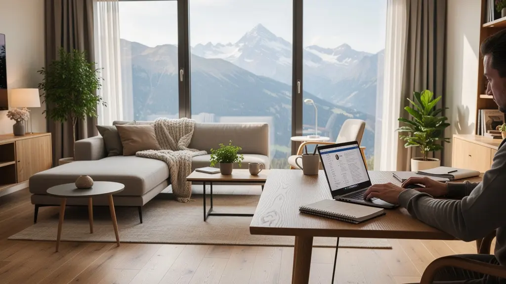 Intérieur lumineux d'un appartement meublé avec espace travail et vue alpine