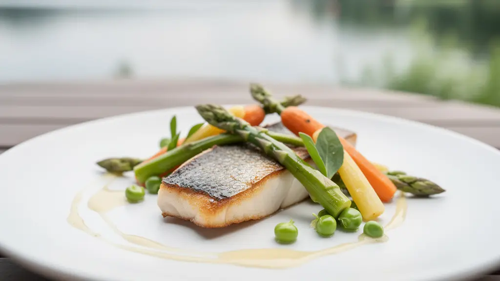 Assiette gastronomique avec poisson du lac et légumes de saison, terrasse floue en arrière-plan