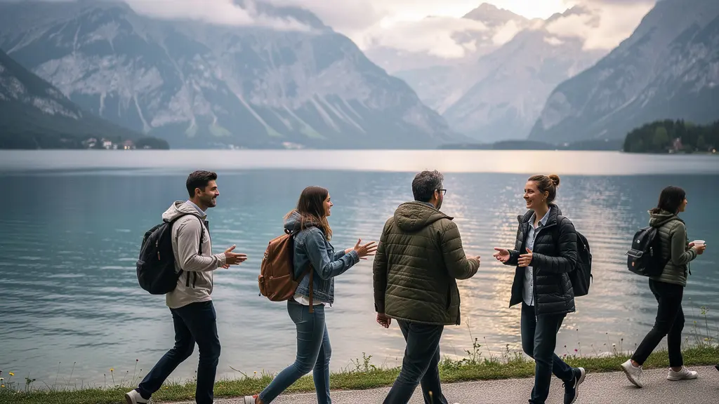 Petit groupe de professionnels en randonnée le long du lac avec montagnes alpines en arrière-plan