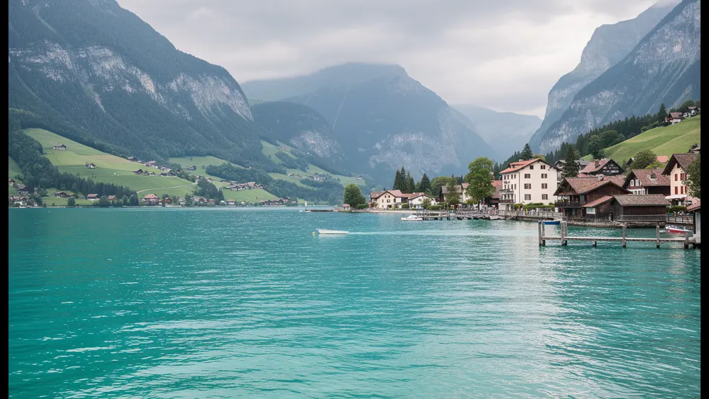 Vue panoramique du lac d'Annecy depuis la baie de Talloires avec eaux turquoise
