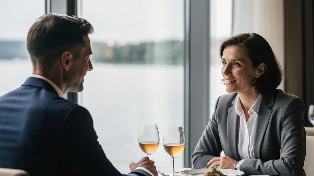 Deux professionnels en conversation détendue lors d'un repas d'affaires dans un restaurant gastronomique