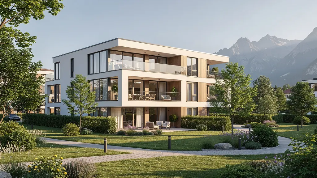 Bâtiment résidentiel moderne à Archamps avec montagnes en arrière-plan