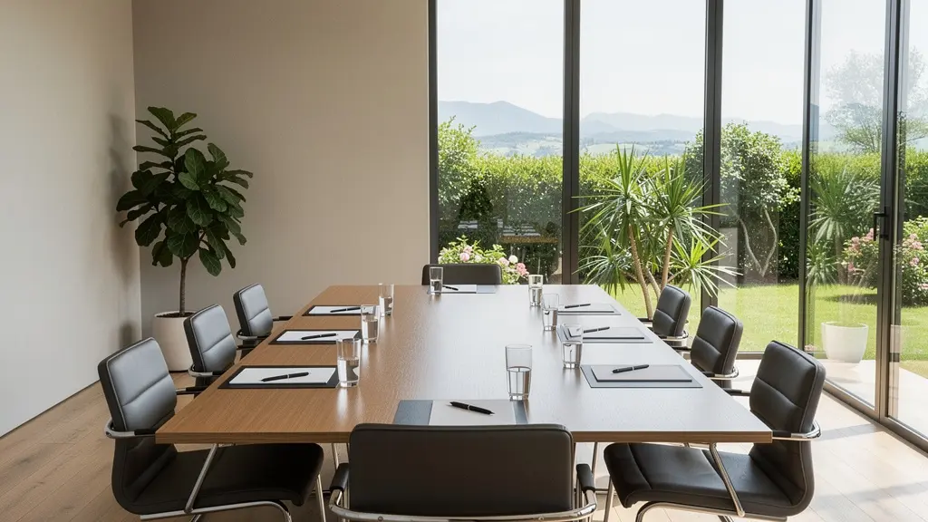 Salle de réunion lumineuse avec baies vitrées donnant sur un jardin et les montagnes pour séminaire entreprise