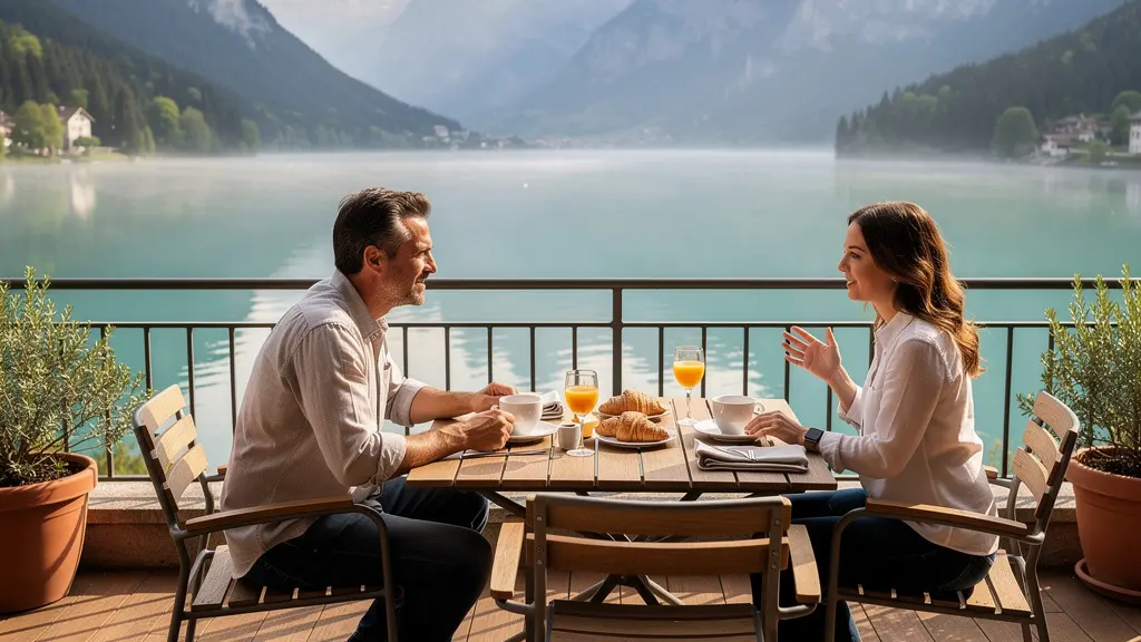 Terrasse d'hôtel avec tables dressées face au lac d'Annecy au petit matin
