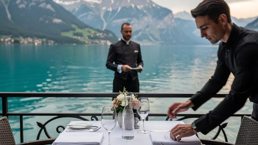 Terrasse restaurant gastronomique avec vue panoramique sur le lac d'Annecy et les montagnes