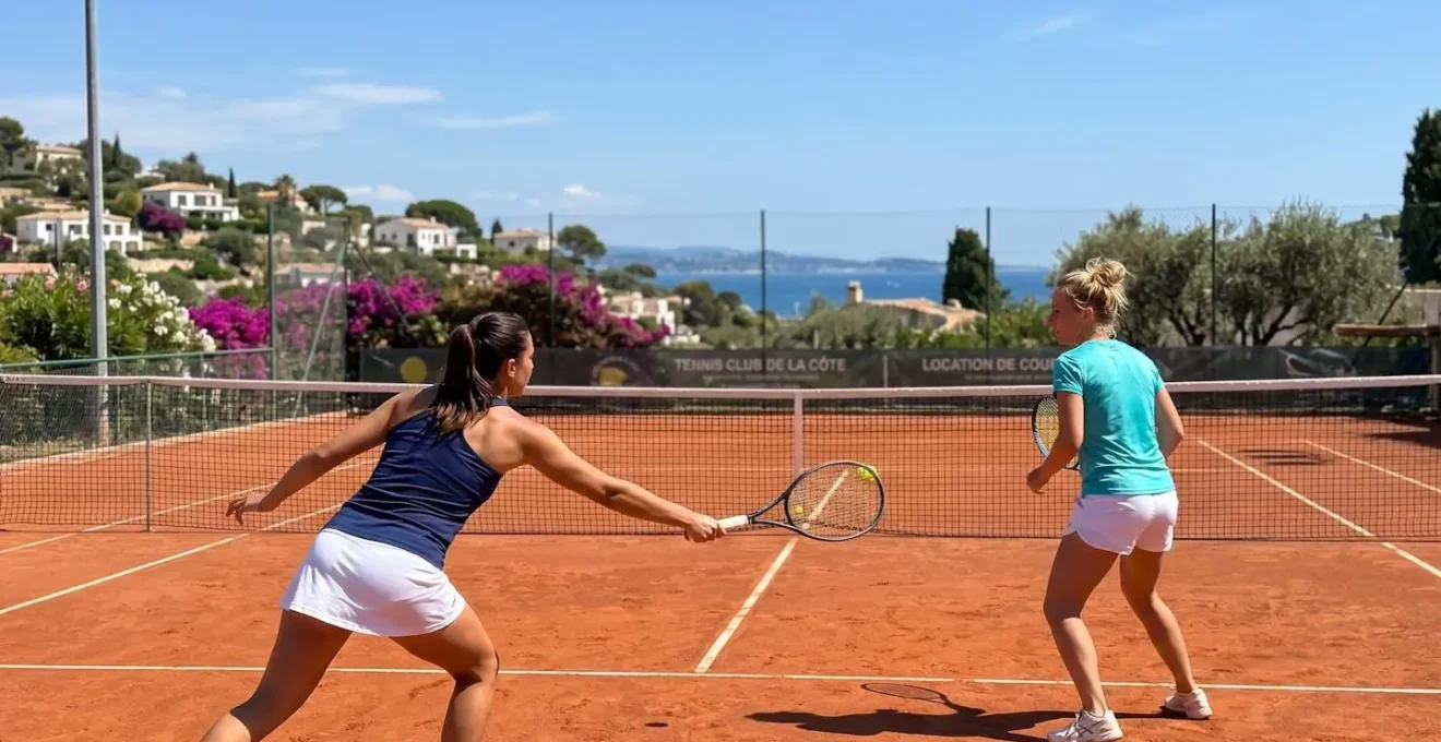Deux personnes vues de dos en tenue sportive moderne engagées dans une activité de plein air sous un soleil éclatant, interaction naturelle sans regard caméra