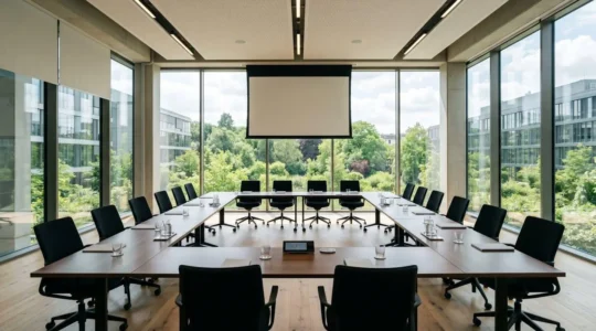 Salle de réunion contemporaine vide avec grandes fenêtres laissant entrer la lumière du jour, tables disposées en U, écran de projection et vue sur jardin extérieur