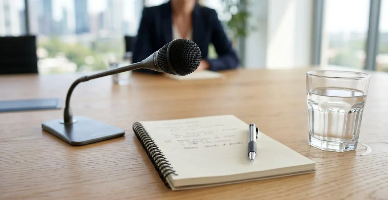 Gros plan sur une table de conférence moderne en bois clair avec microphone contemporain, carnet ouvert avec stylo et verre d'eau, arrière-plan artistiquement flouté