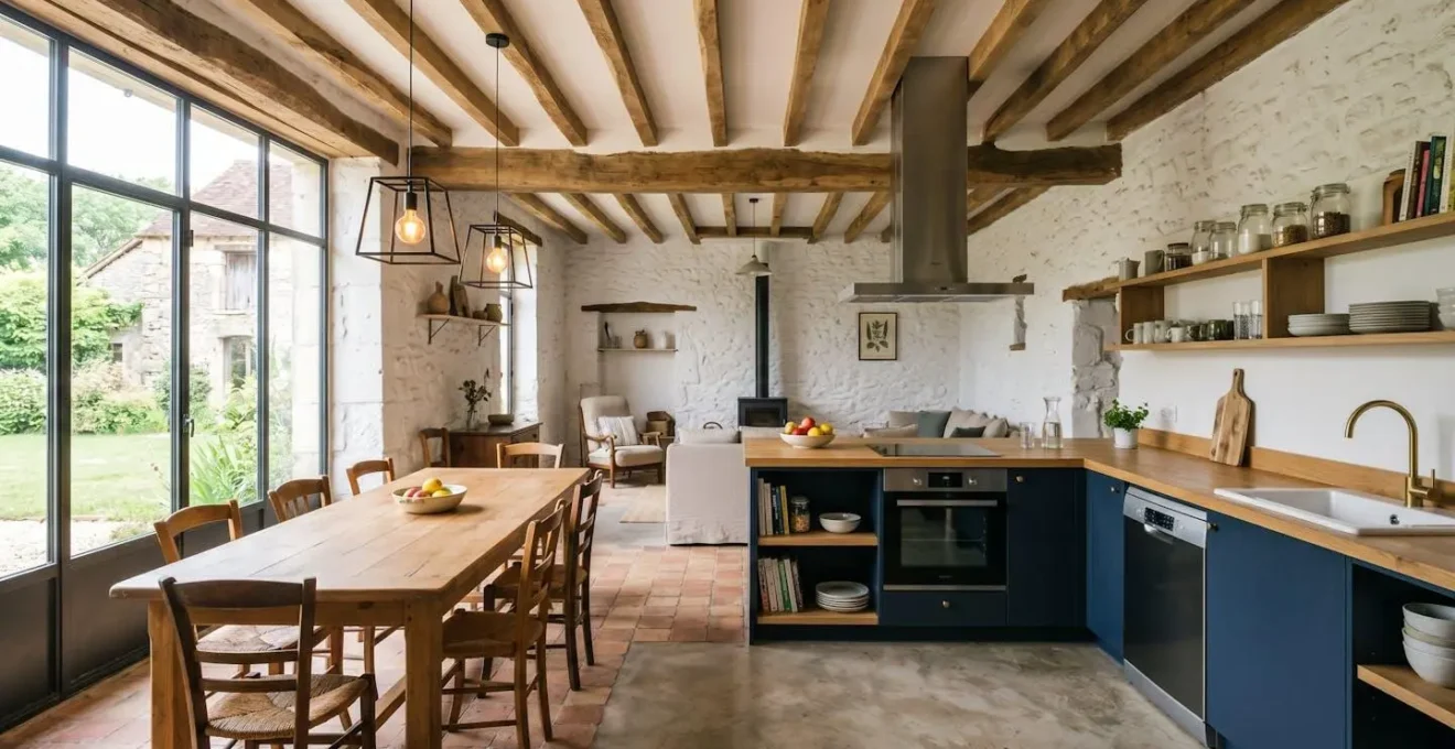 Cuisine ouverte d'un gîte familial aménagé dans une grange réhabilitée avec poutres apparentes, pierres blanchies et baie vitrée lumineuse