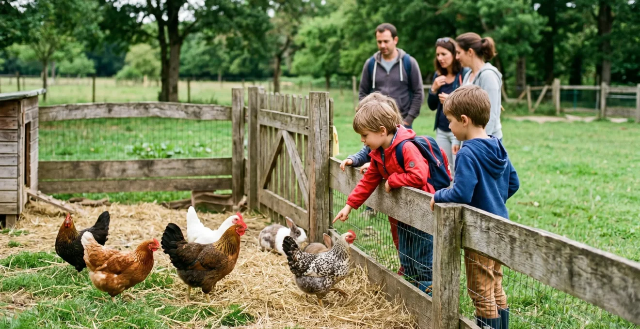Enfants observant des animaux de ferme dans le parc animalier d'une chambre d'hôtes vendéenne avec prairie et clôture sécurisée