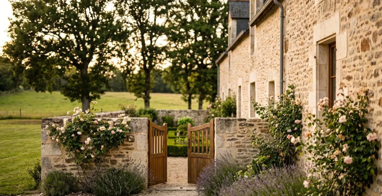 Façade en pierre dorée d'un prieuré historique vendéen réhabilité avec portail ouvert sur cour intérieure fleurie et chênes centenaires en arrière-plan