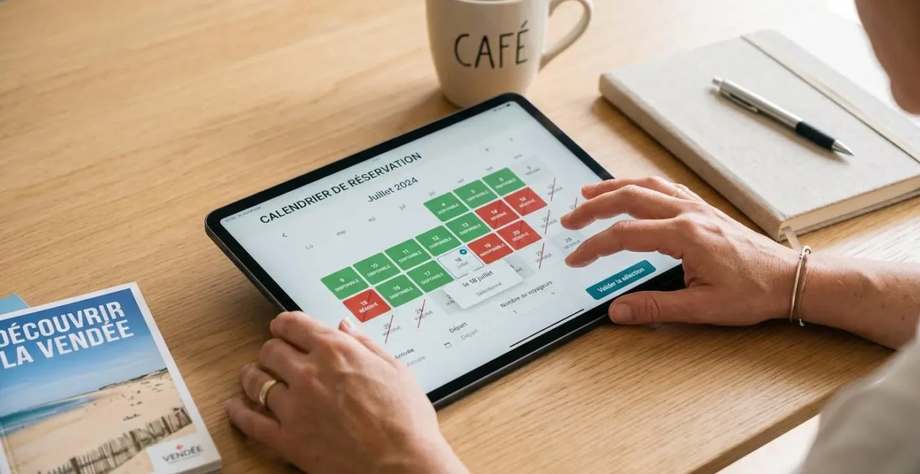 Mains consultant sur tablette un calendrier de réservation d'hébergement en ligne avec dates disponibles et indisponibles en français