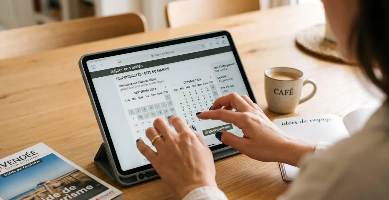 Mains consultant sur tablette un calendrier de réservation d'hébergement en ligne avec dates disponibles et indisponibles en français